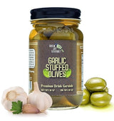 Green Jay Gourmet Garlic Stuffed Olives - Stuffed Green Olives for Cocktail Garnish & Cheese Board Recipes - Dirty Martini Olives & Cocktail Olives