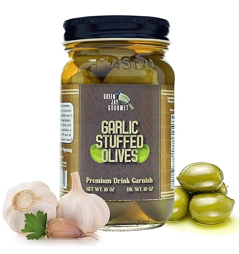 Green Jay Gourmet Garlic Stuffed Olives - Stuffed Green Olives for Cocktail Garnish & Cheese Board Recipes - Dirty Martini Olives & Cocktail Olives
