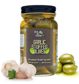 Green Jay Gourmet Garlic Stuffed Olives - Stuffed Green Olives for Cocktail Garnish & Cheese Board Recipes - Dirty Martini Olives & Cocktail Olives