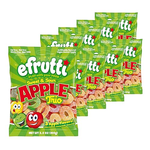 efrutti Apple Rings Trio, Gummy Candy, Vegan, 9 Bags, 3.5 oz Each