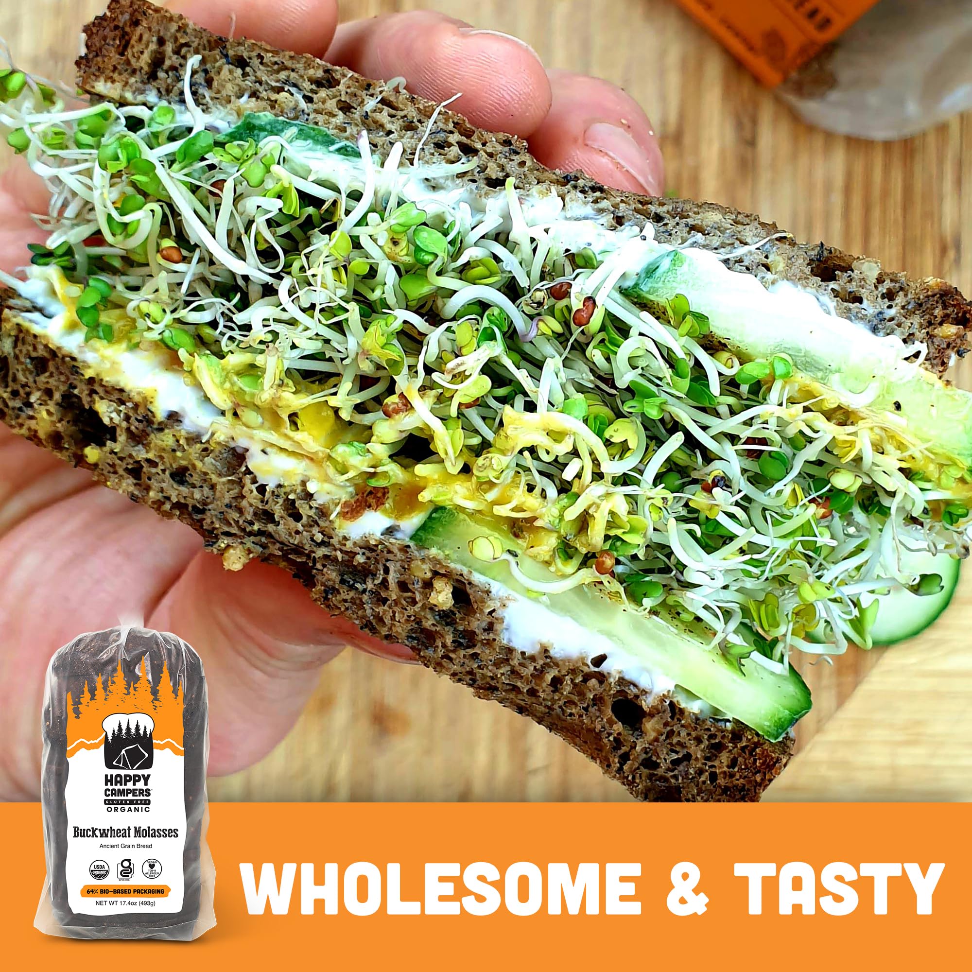Happy Campers Buckwheat Molasses Gluten Free Bread, Whole Grain, Non-GMO, Vegan, Organic, 17.4 oz Loaf (Pack of 4)