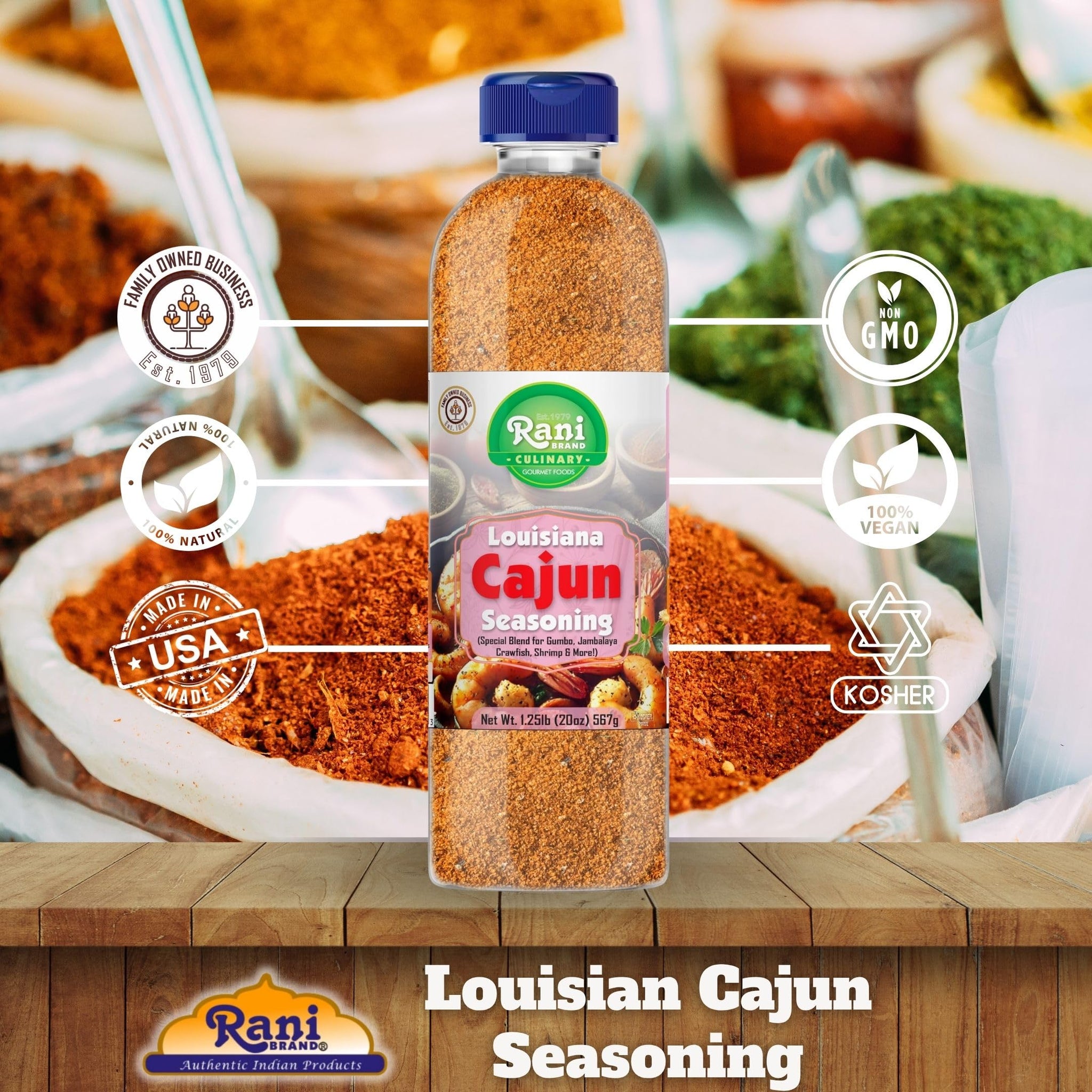 Rani Louisiana Cajun Seasoning (Special Blend for Gumbo, Jambalaya Crawfish, Shrimp) 20oz (1.25lbs) 567g PET Jar ~ All Natural | Gluten Friendly |