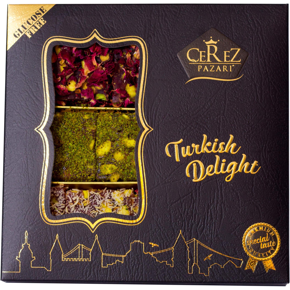 Cerez Pazari Turkish Delight Pistachio with Fantastic Rose & Pomegranate Flavour Experience in Luxury Gift Box 8.8 oz | Assorted Gourmet Soft Candy