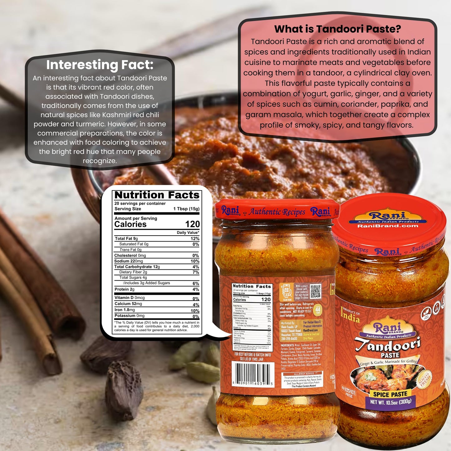 Rani Tandoori Paste (No Colors) 10.5oz (300g) Glass Jar ~ For Tandoori Chicken, Chicken Tikka, Paneer Tikka | All Natural | NON-GMO | Kosher | Vegan |