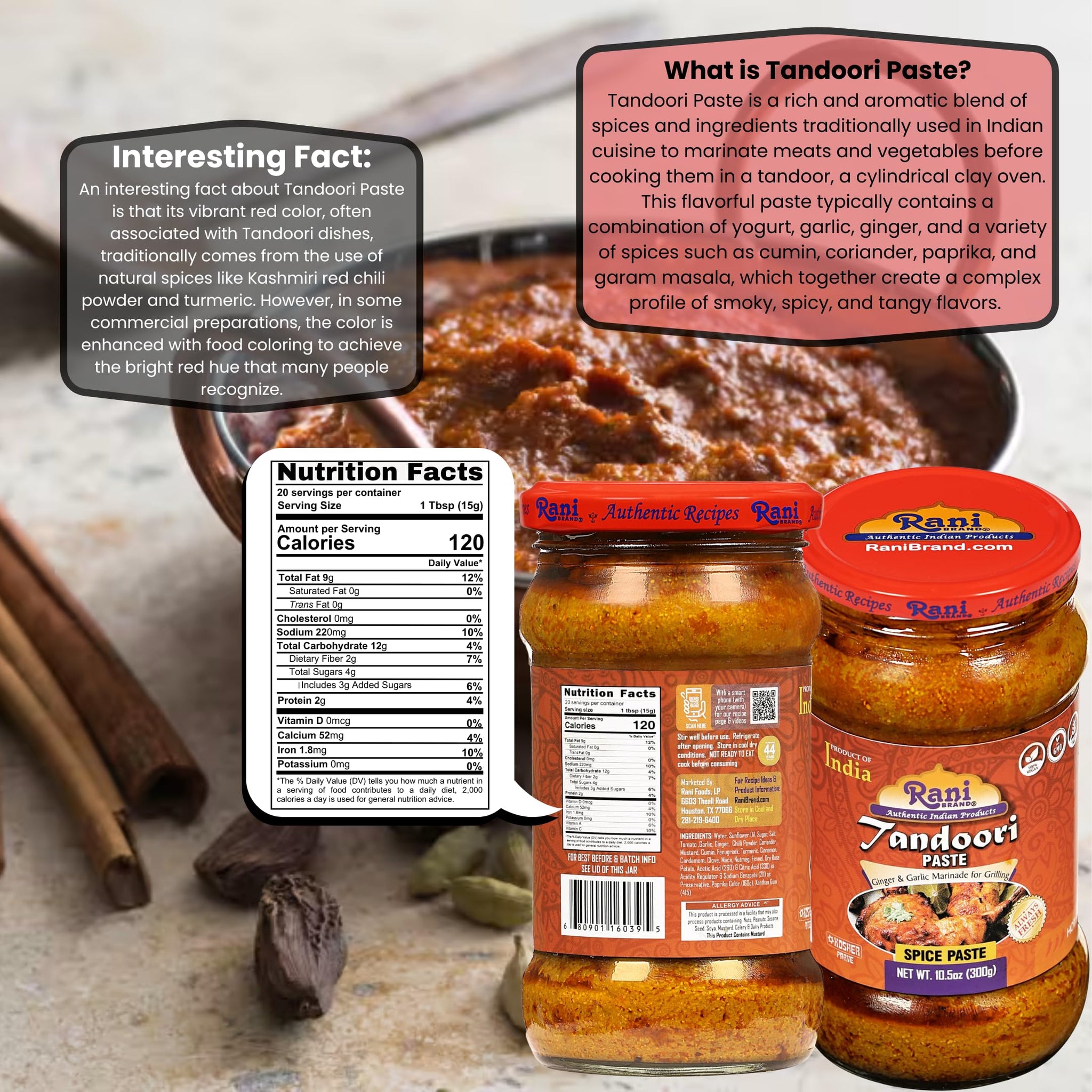 Rani Tandoori Paste (No Colors) 10.5oz (300g) Glass Jar ~ For Tandoori Chicken, Chicken Tikka, Paneer Tikka | All Natural | NON-GMO | Kosher | Vegan |