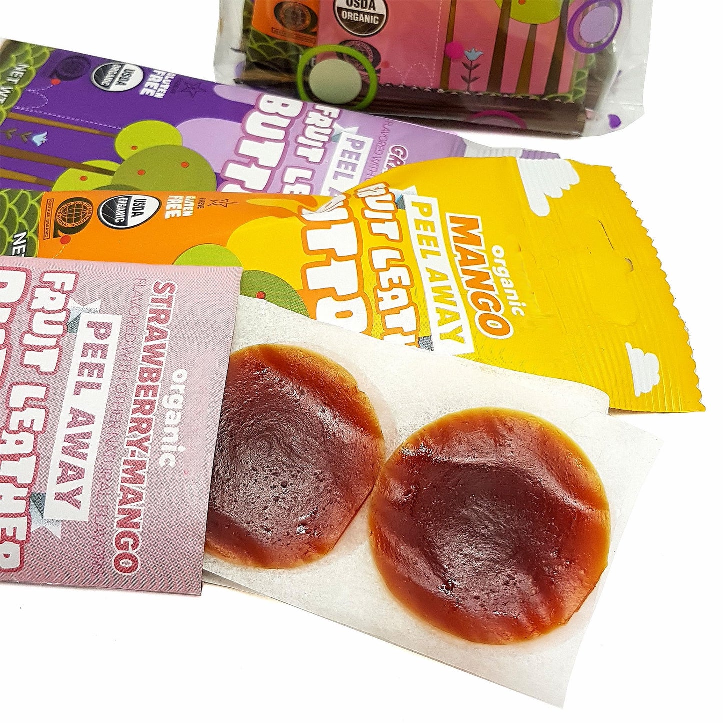 Gift Set of Trader Joe's Organic Fruit Leather Buttons Peel Away Variety Pack 3 Flavors(Mango, Strawberry-Mango, Grape-Mango) 3 Each (9-Piece Set)