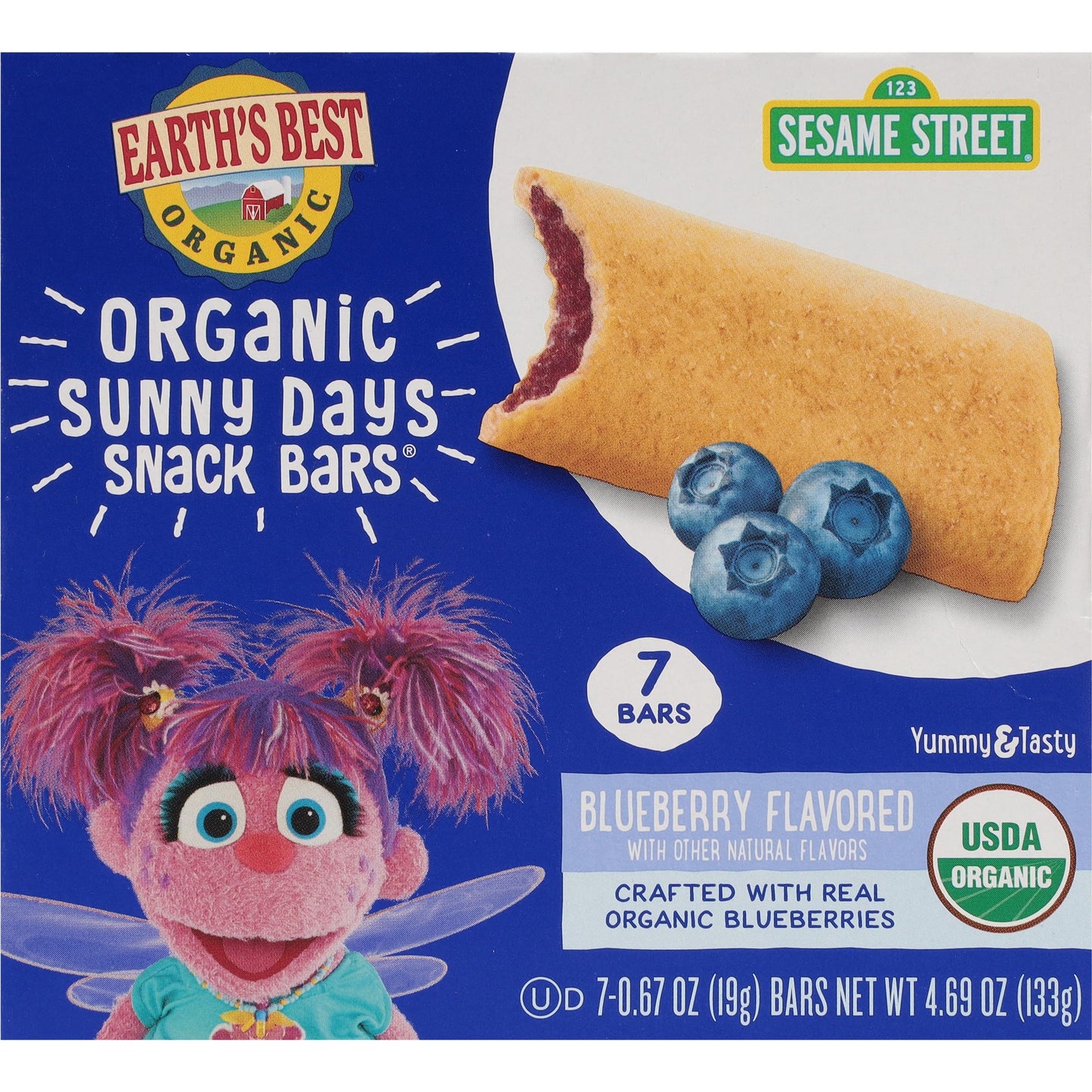 Earth's Best Organic Kids Snacks, Sesame Street Toddler Snacks, Organic Sunny Days Snack Bars for Toddlers 2 Years and Older, Blueberry with Other