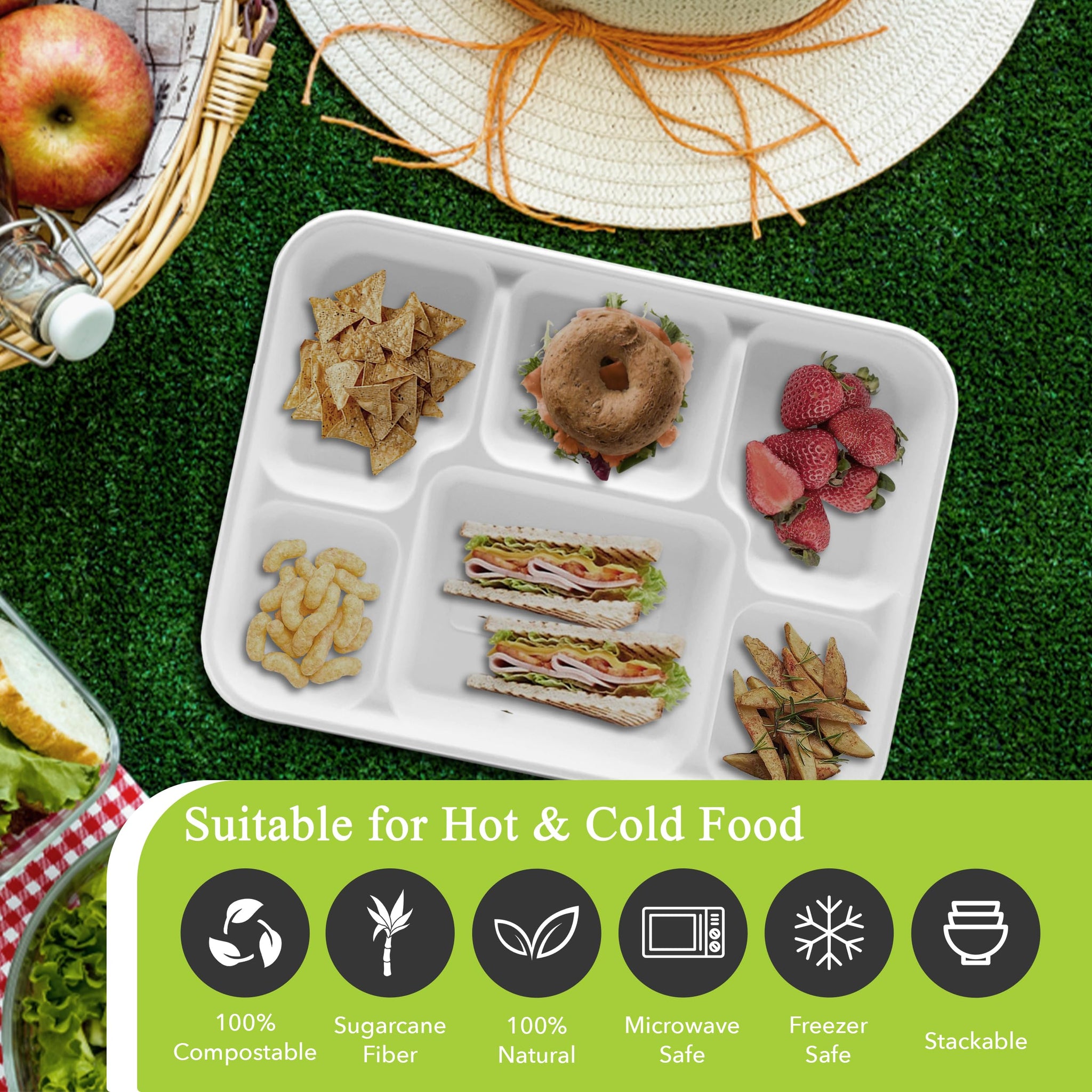 three leaf 6 Compartment Bagasse Tray 50 Ct. Heavy Duty, Super Strong,Eco Friendly Disposable Bagasse Plates,100% Biodegradable Plates, Microwave