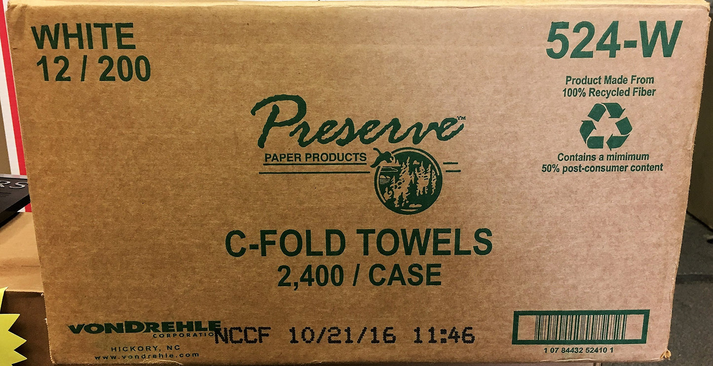 vonDrehle 524-W Preserve 13" x 9" C-Fold Towels, White For use with 175AO Multi-Fold/C-Fold Dispenser, 200 Towels per Pack, 12 Packs per Case, 2400