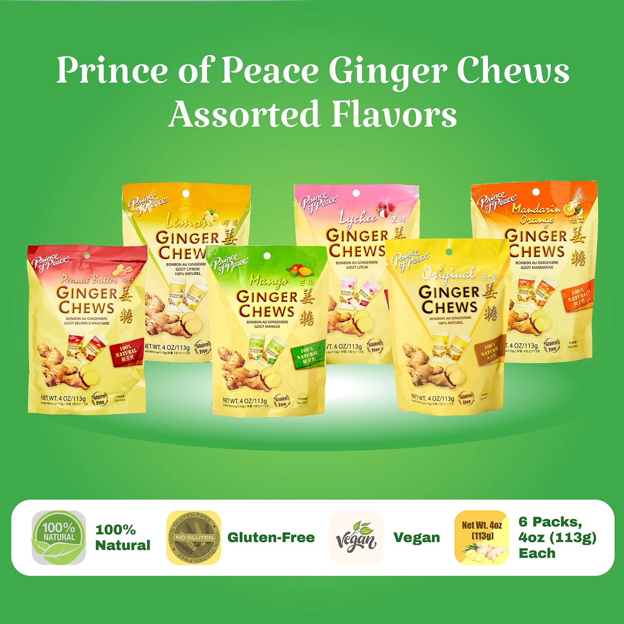 Prince of Peace Ginger Chews Candy Bundle - Original, Lemon, Orange, Mango, Lychee and Peanut Butter Flavors - 100% Natural, Vegan and Gluten-Free