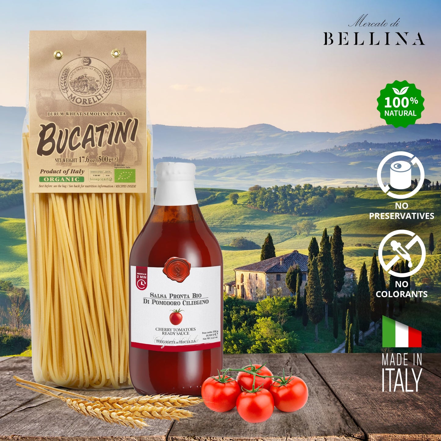 Mercato di Bellina Gourmet Pasta and Sauce Gift Set - Organic Bucatini Noodles with Authentic Italian Pasta Sauce - Italian Food Gifts Imported from