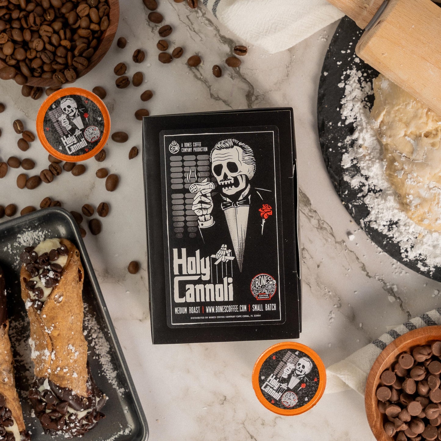 Bones Coffee Company Flavored Coffee Bones Cups Holy Cannoli Flavored Pods | 12ct Single-Serve Coffee Pods Compatible with Keurig 1.0 & 2.0 Keurig