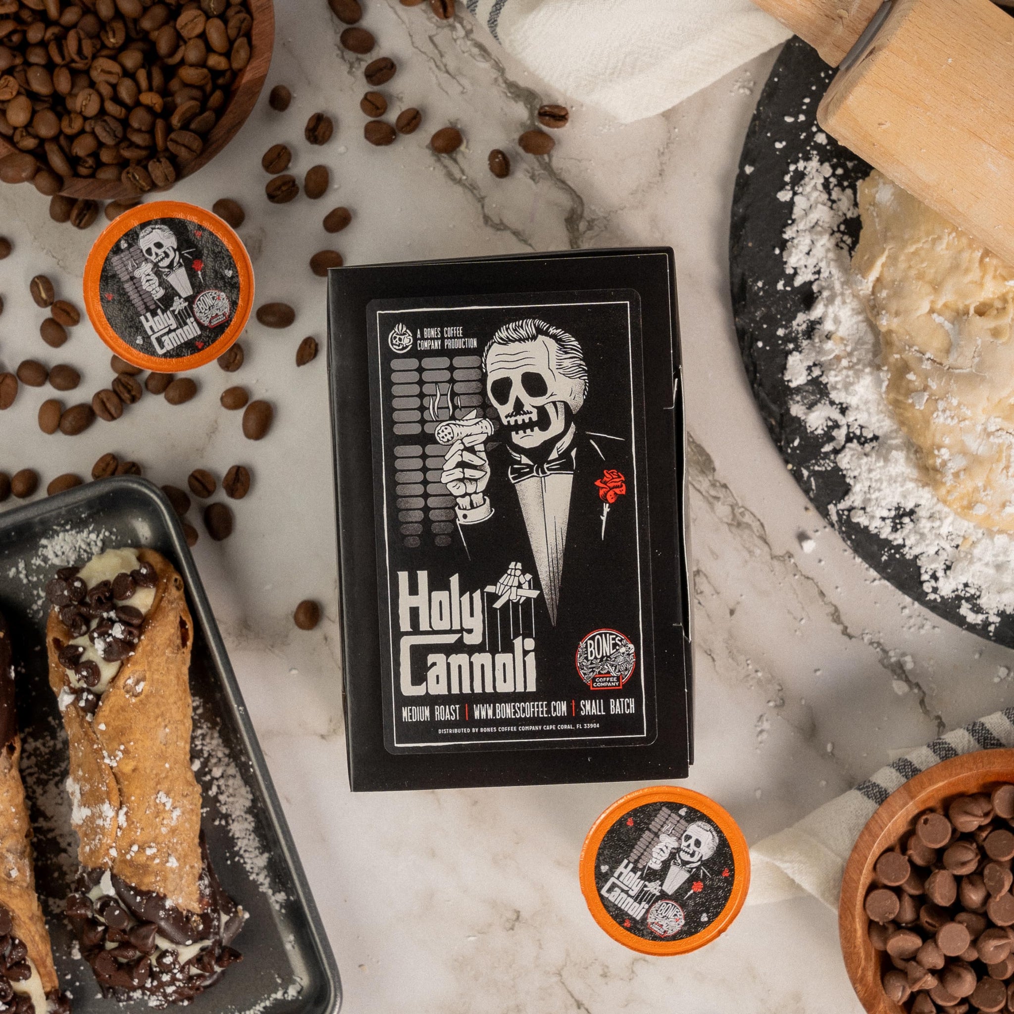 Bones Coffee Company Flavored Coffee Bones Cups Holy Cannoli Flavored Pods | 12ct Single-Serve Coffee Pods Compatible with Keurig 1.0 & 2.0 Keurig