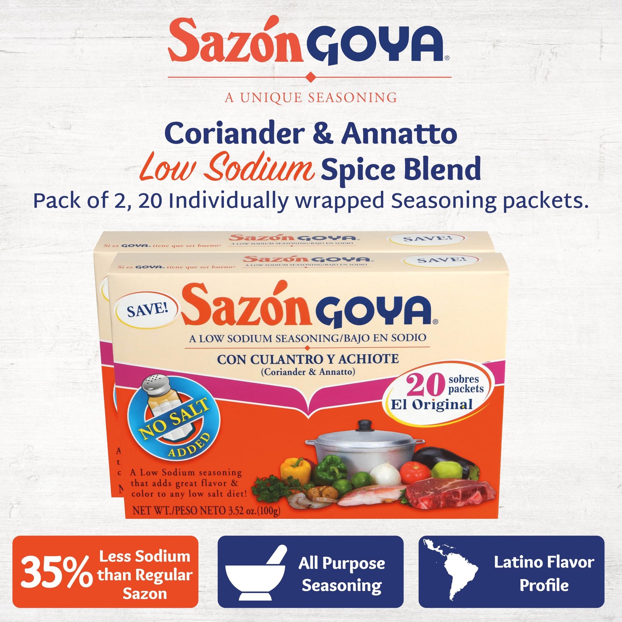 Goya Foods Sazón Seasoning with Coriander & Annatto, No Salt Added, 3.52 Ounce (Pack of 18)