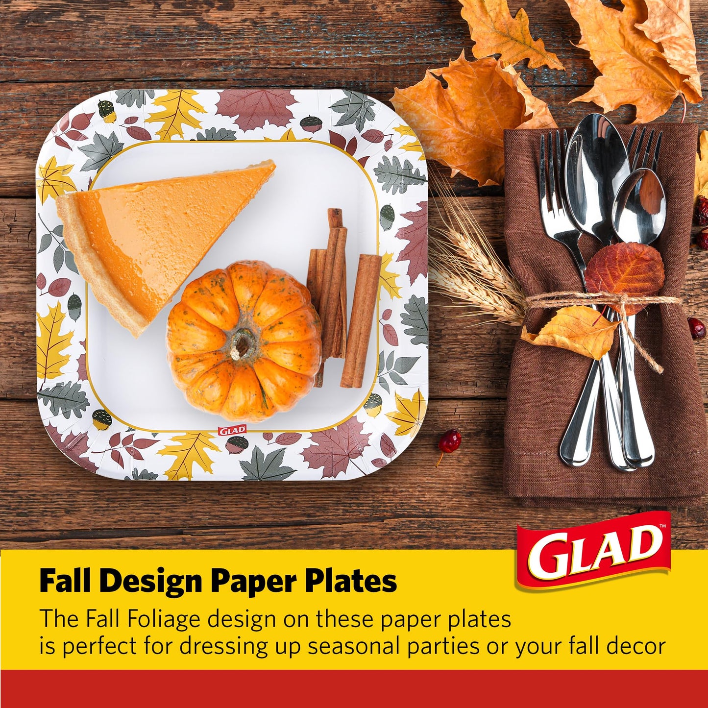 Glad Square Disposable Paper Plates, Falling Foliage Autumn Leaf Pattern - Soak Proof, Microwave Safe, Cut-Resistant Seasonal Dinner Plates for Fall
