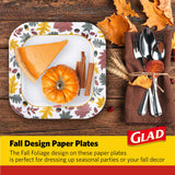 Glad Square Disposable Paper Plates, Falling Foliage Autumn Leaf Pattern - Soak Proof, Microwave Safe, Cut-Resistant Seasonal Dinner Plates for Fall