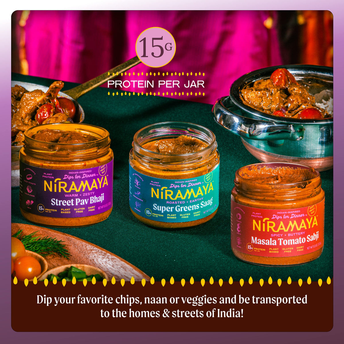 Niramaya 3 Flavor Sample Pack - Street Pav Bhaji/Tomato Masala Sabzi/ Super Greens Saag Indian-Inspired Dips & Spreads For Chips/Snacks/Rice/Salads