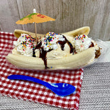 Outside the Box Papers Clear Plastic Banana Split Boats 12 oz.Disposable Dish - Paper Umbrellas - Eco Friendly Plastic Spoons- 16 Each