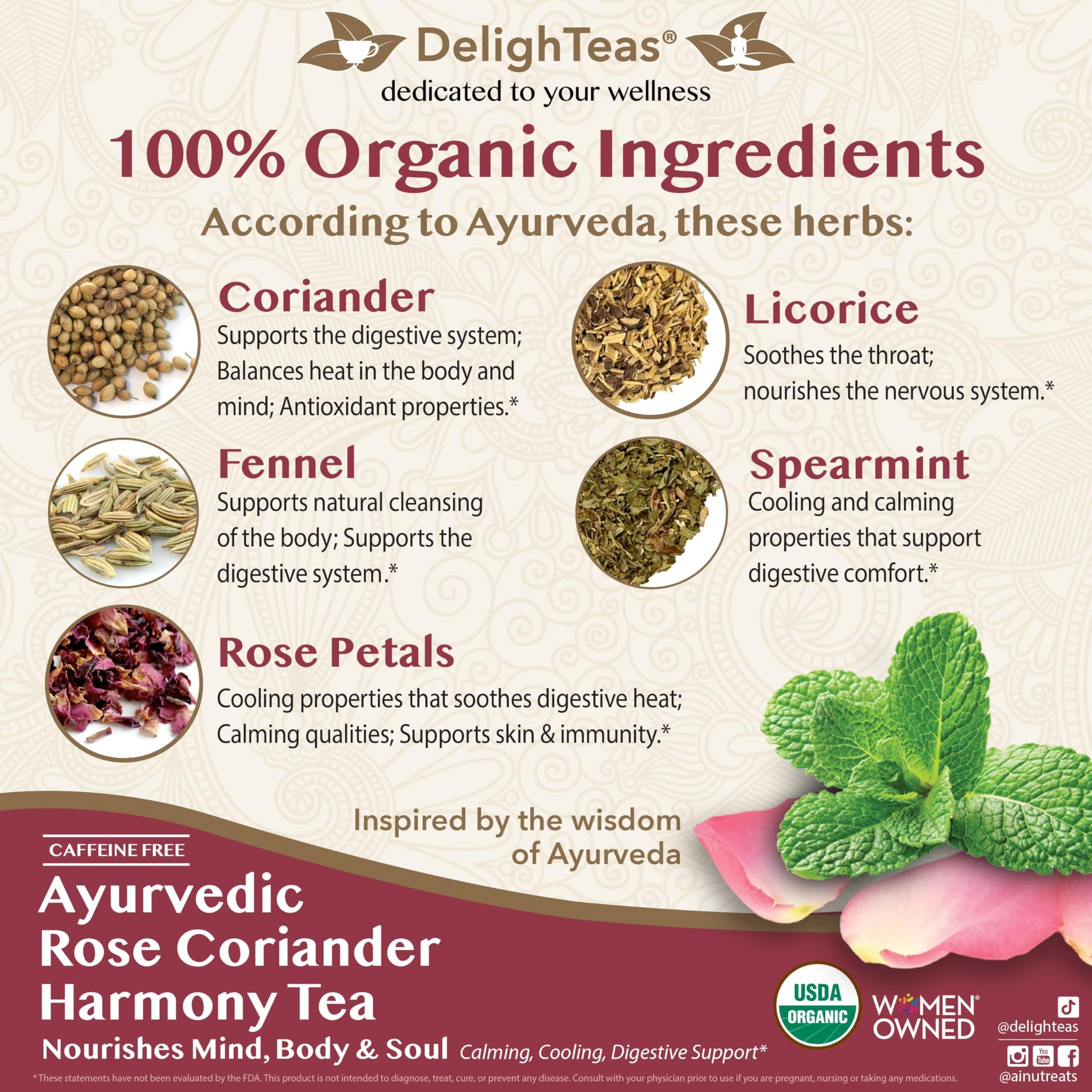 DelighTeas Organic Rose Coriander Harmony Tea | Ayurvedic Loose Leaf Herbal Tea | 60 Servings, 3oz. | Caffeine-free, Sugar-free, Non-GMO, Keto, Vegan