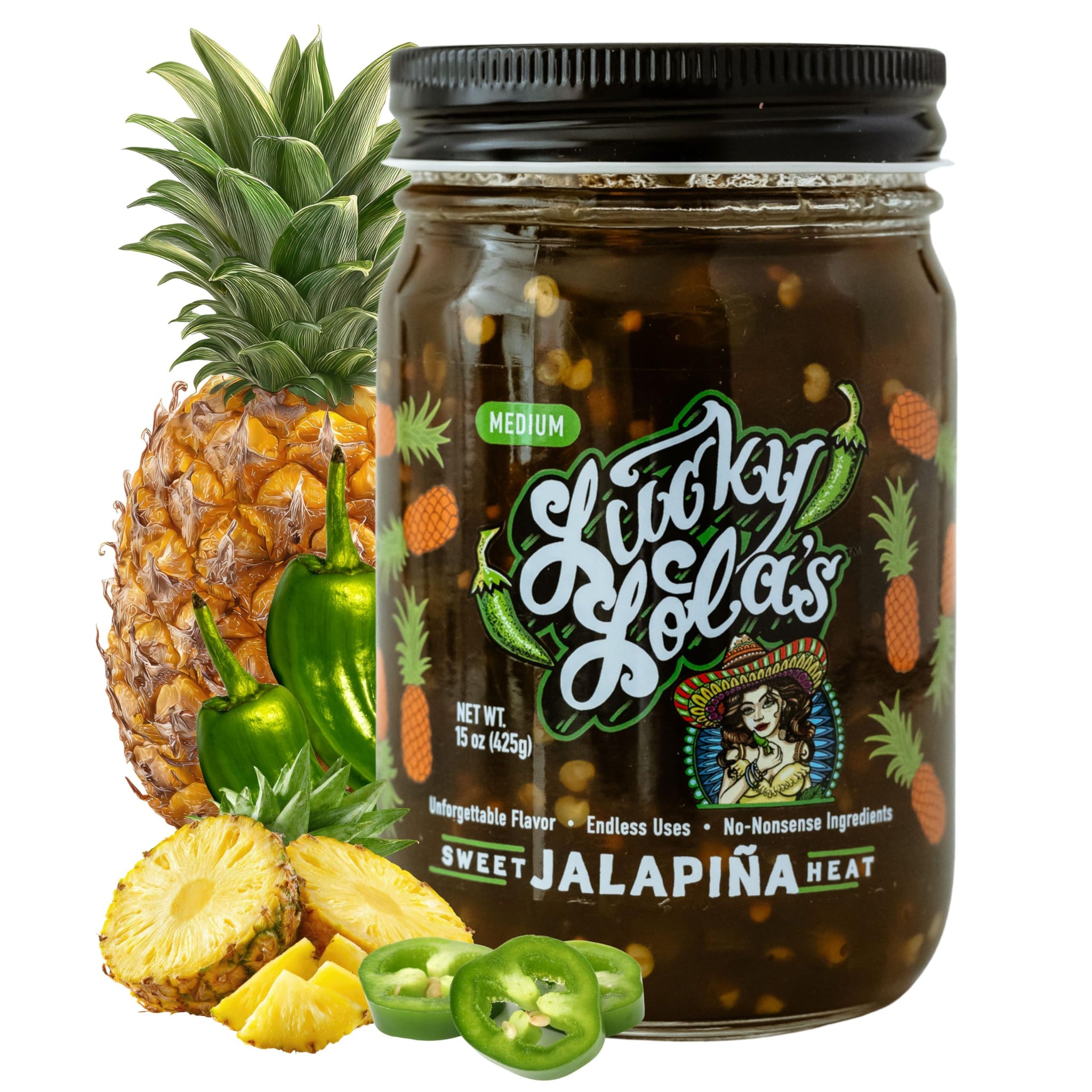 Lucky Lola's Sweet Jalapiña Heat, Jarred Jalapenos, 0g Sodium, 0g Fat, Single Jar 15 oz