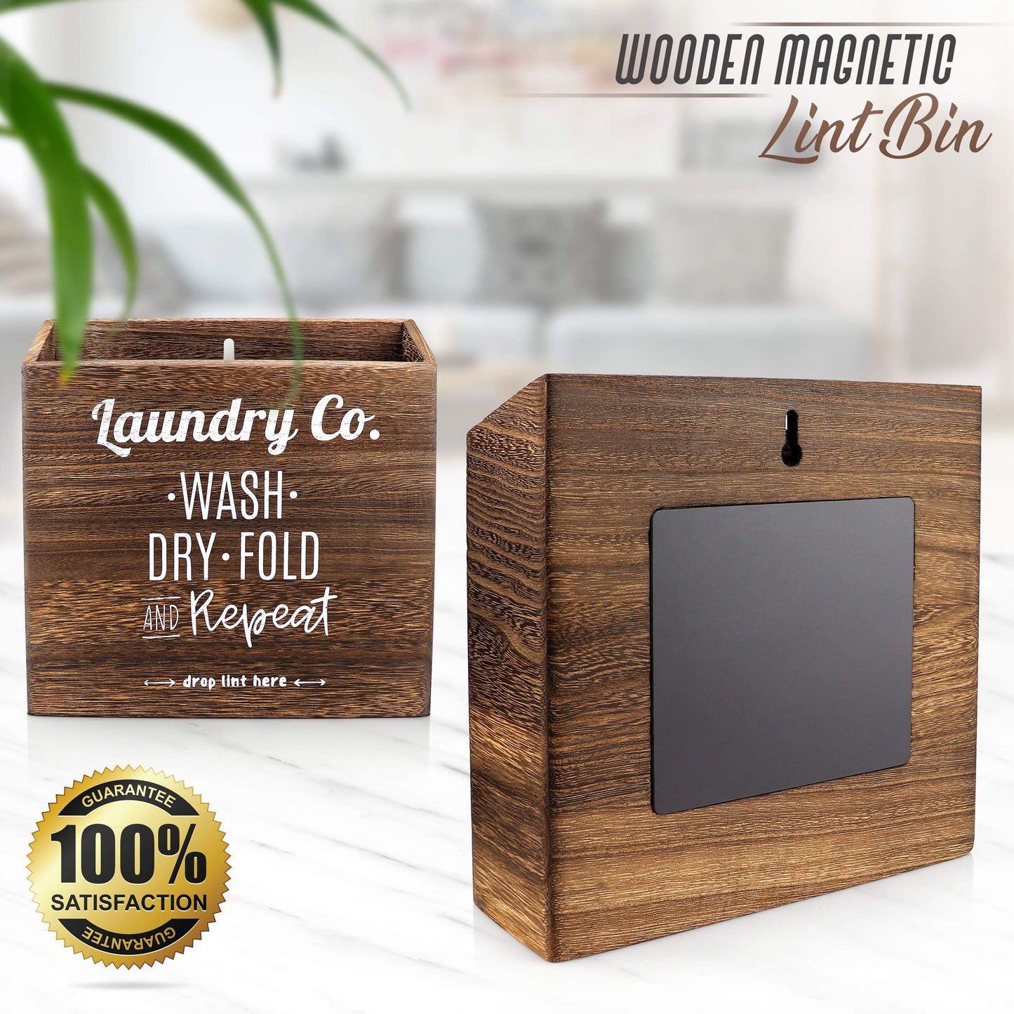 Magnetic Lint Bin for Laundry Room - Mountable, Wooden Lint Box/Holder/Trash Can or Organization and Storage Bin for Washer and Dryer Supplies