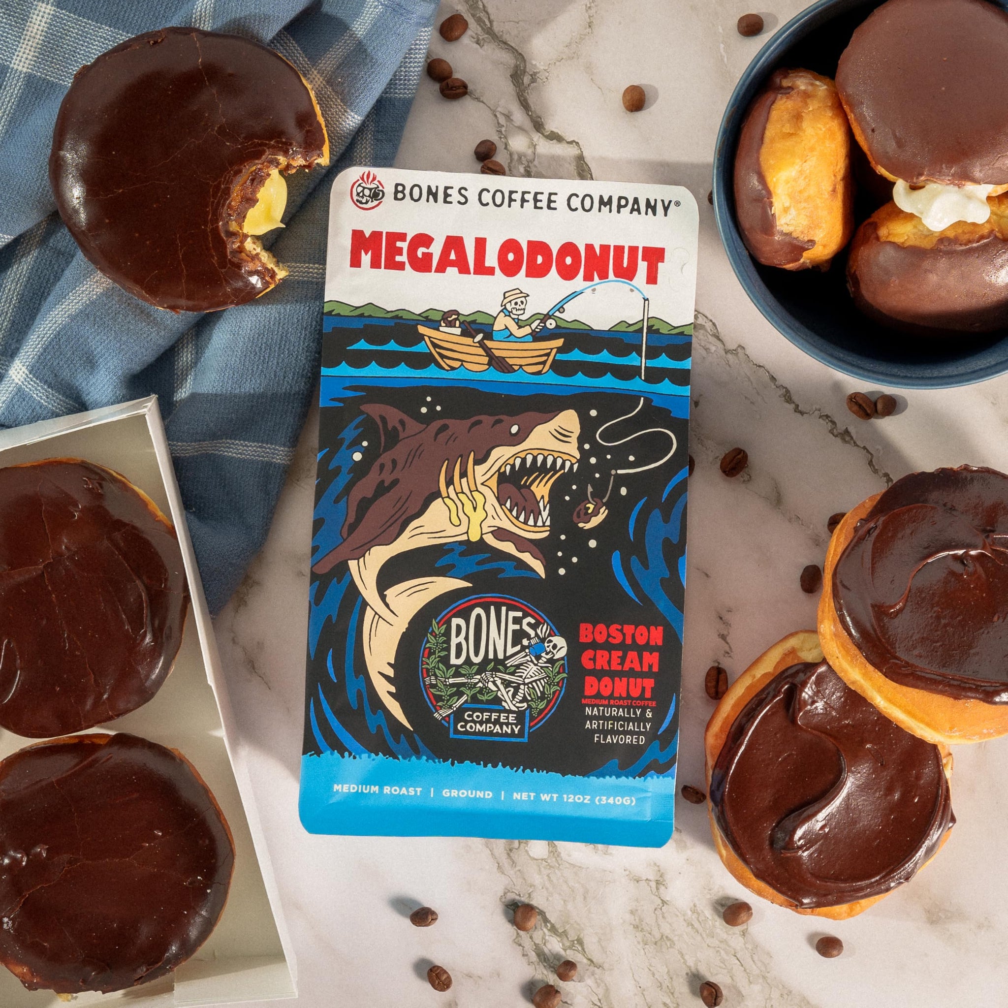 Bones Coffee Company Megalodonut, Boston Cream Donut Flavored Coffee, Medium Roast Low Acid Arabica Beans Compatible with Auto drip and French Press