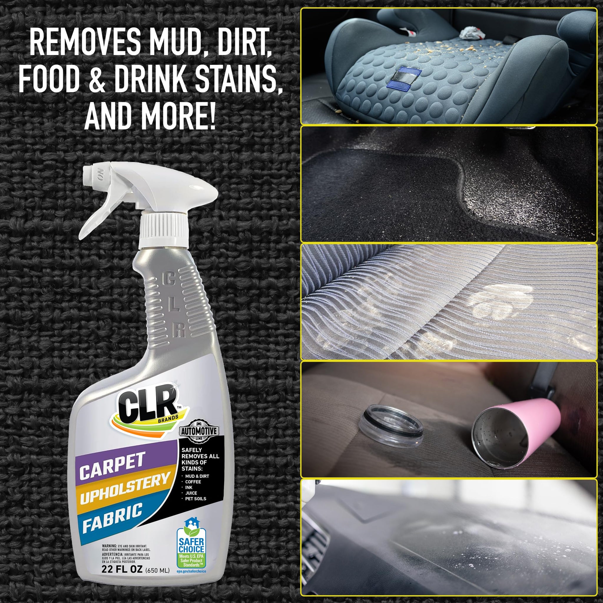 CLR Brands Automotive Carpet, Upholstery & Fabric Cleaner, 22 oz. Spray Bottle, Fast-Acting Stain Remover, Cleans Mud, Coffee, Ink, Blood and More