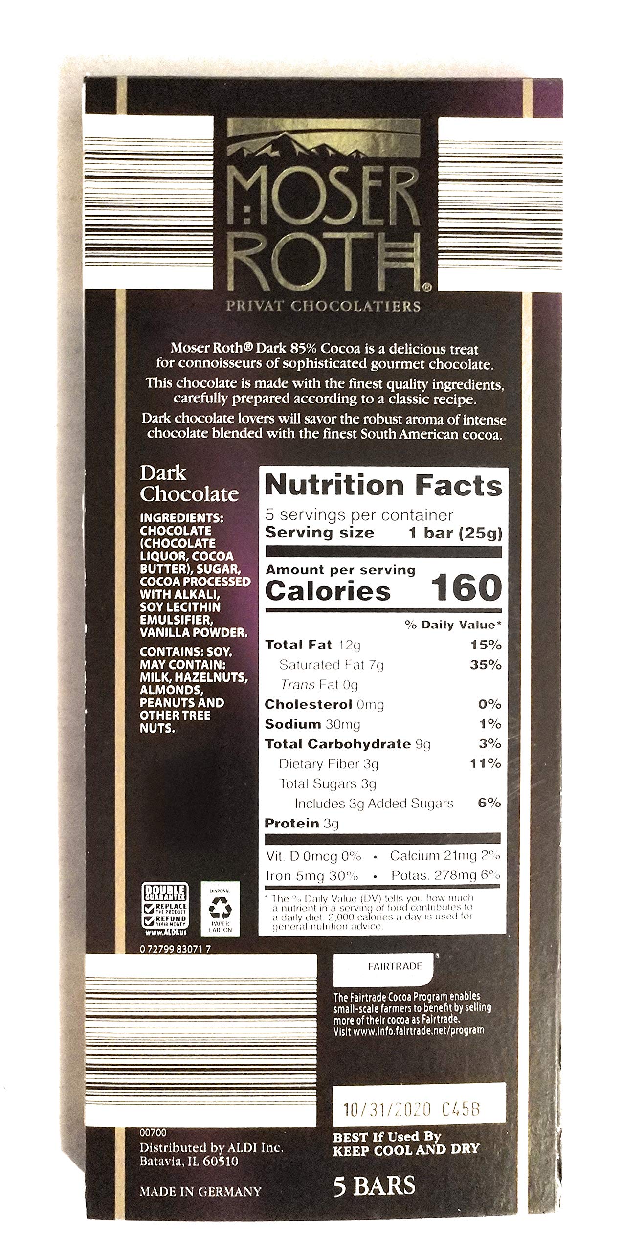 Moser Roth German Dark Chocolate Bars (85%, pack of 2)