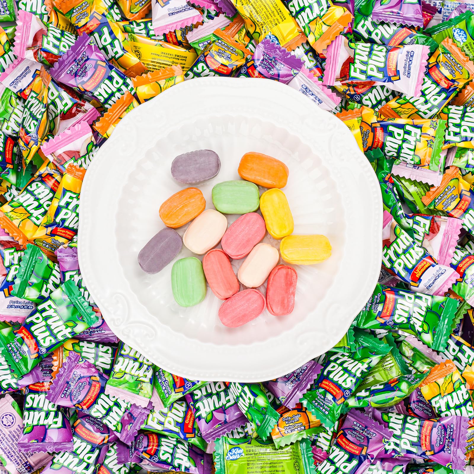Fruit Plus Chewy Candy, Malaysian Individually Wrapped Bulk Candy, Fruit Snacks for Halloween Christmas Party, Non-Melting, 4.2 Oz Bag (Approx. 39