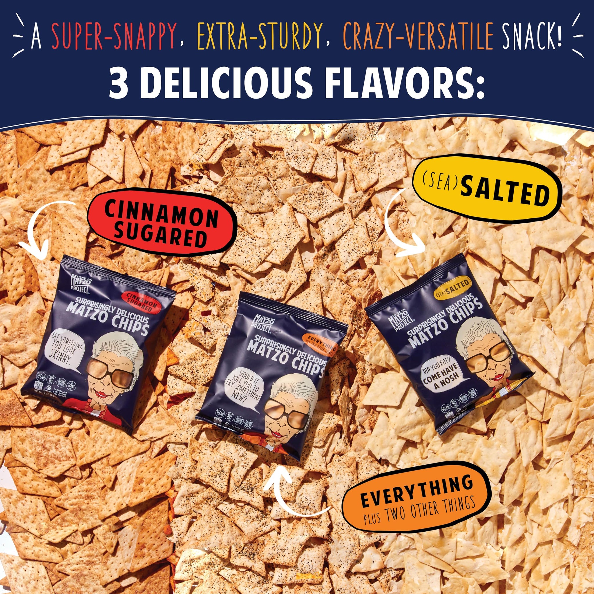 Matzo Chips, Variety Pack of 24 Snack Bags, 1 Oz., 6 of Each Flavor (Everything, Salted, Cinnamon Sugared) from The Matzo Project, Kosher (But Not