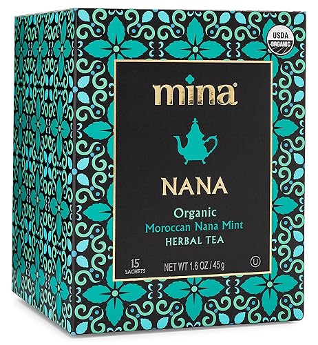 Mina Nana Organic Moroccan Mint Herbal Tea, 15 Biodegradable Sachets - Refreshing Moroccan Mint Tea Bags, Herbal Tea, Caffeine-Free Tea Bags