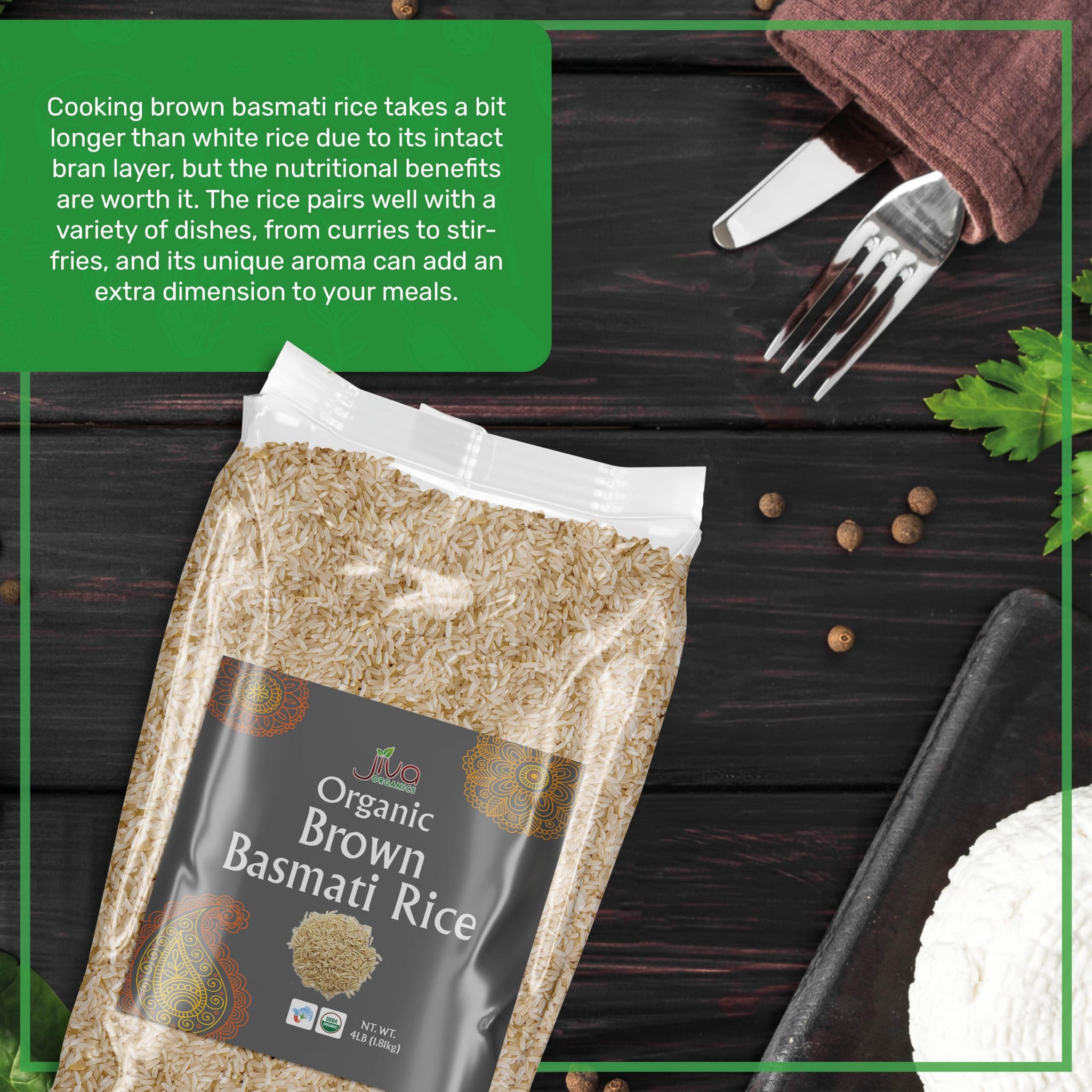 Jiva Organic Brown Basmati Rice 4 LB Bag - Premium Quality, Authentic Indian Origin, Whole Grain