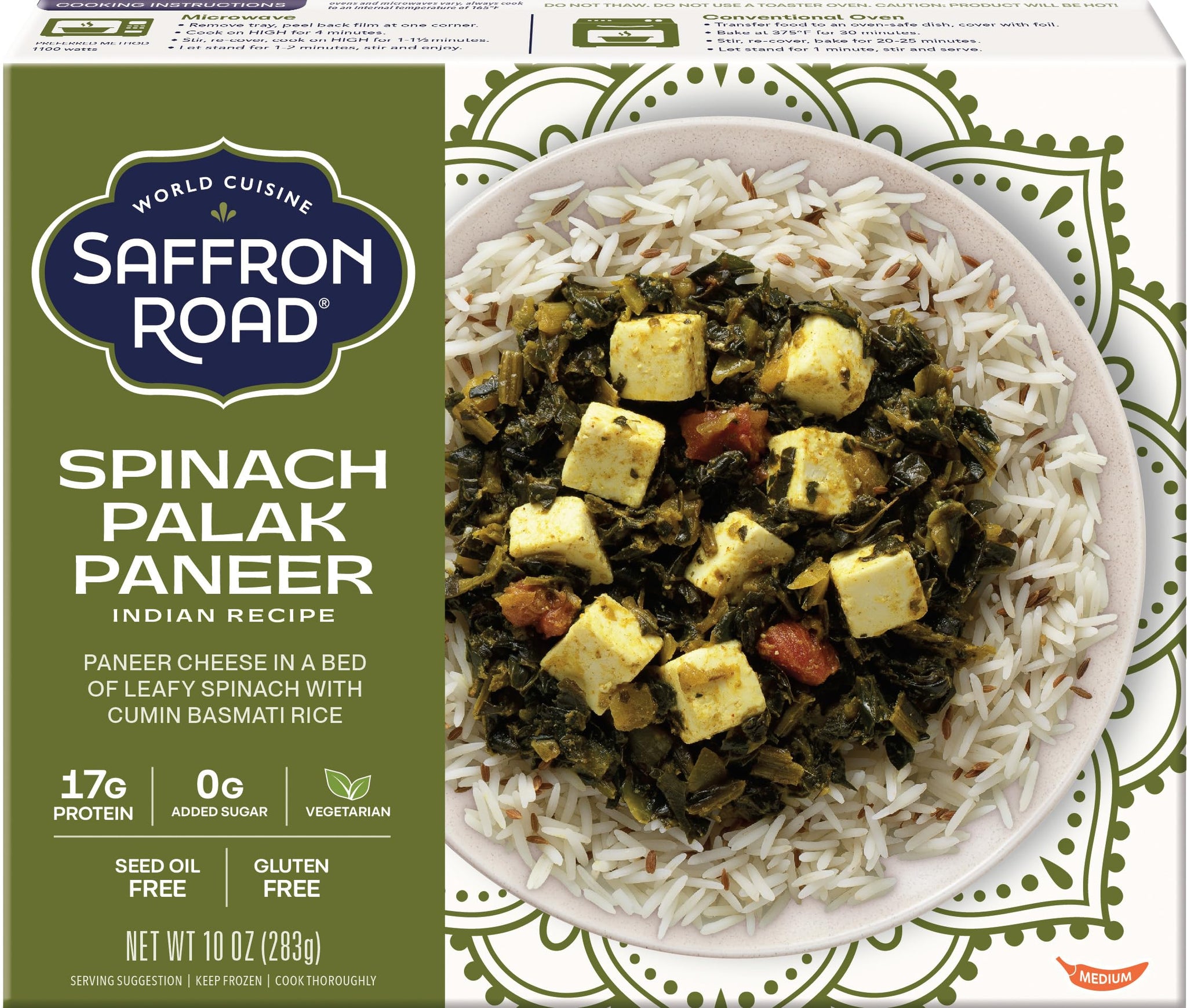 Saffron Road Frozen Spinach Palak Paneer - Seed Oil Free, No Artificial Ingredients, Gluten-Free, Vegetarian - 10 Ounce