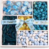 Gourmet Blue Candy Gift Tray - by It's Delish | Wood Gift Basket, in Reusable Wooden Crate with Lid | Gift Box of Holiday Treats and Candies for Baby