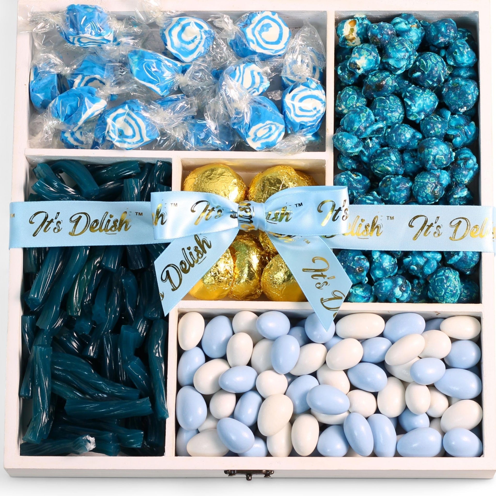 Gourmet Blue Candy Gift Tray - by It's Delish | Wood Gift Basket, in Reusable Wooden Crate with Lid | Gift Box of Holiday Treats and Candies for Baby