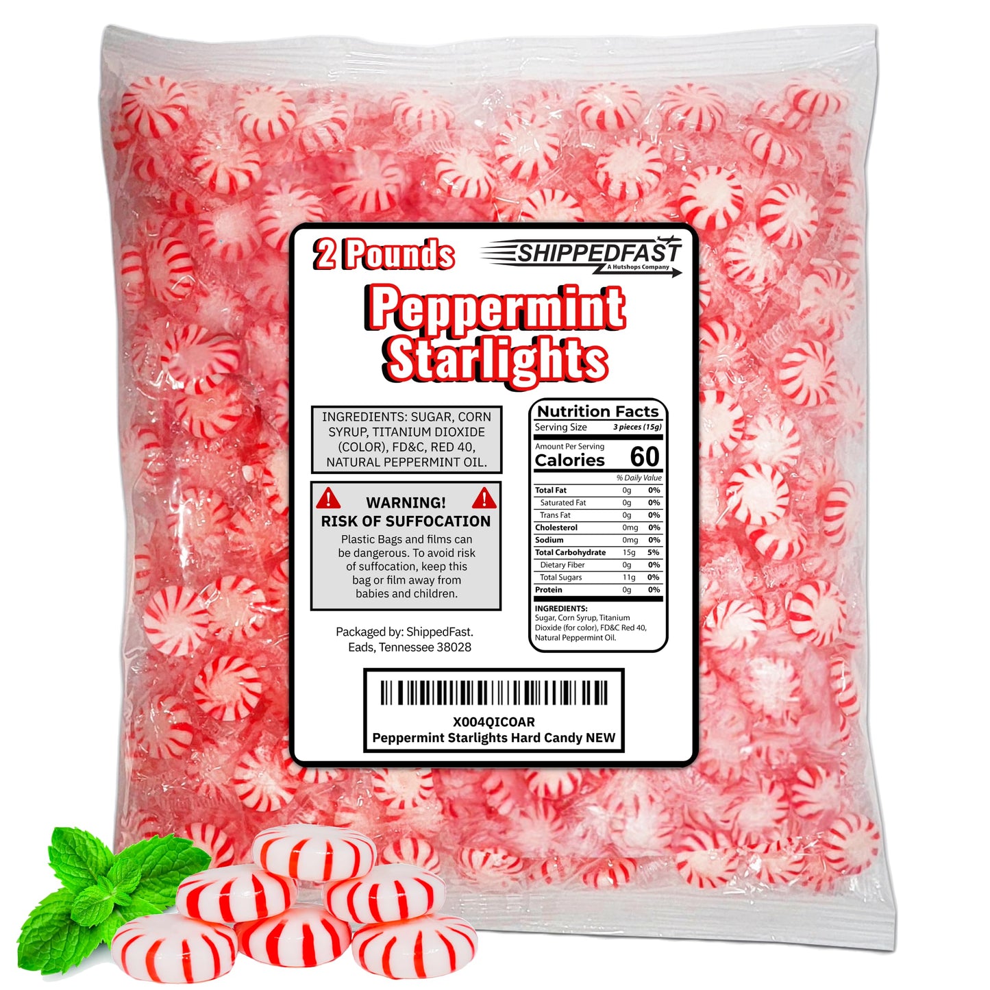 ShippedFast Peppermint Starlights Hard Candies, Real Peppermint Oil Infused Candy Mints, 2 Pound Bag