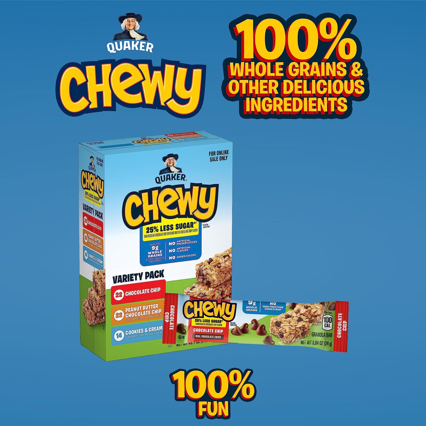 Quaker Chewy Lower Sugar Granola Bars, 3 Flavor Variety Pack, 58 Count (Pack of 1)