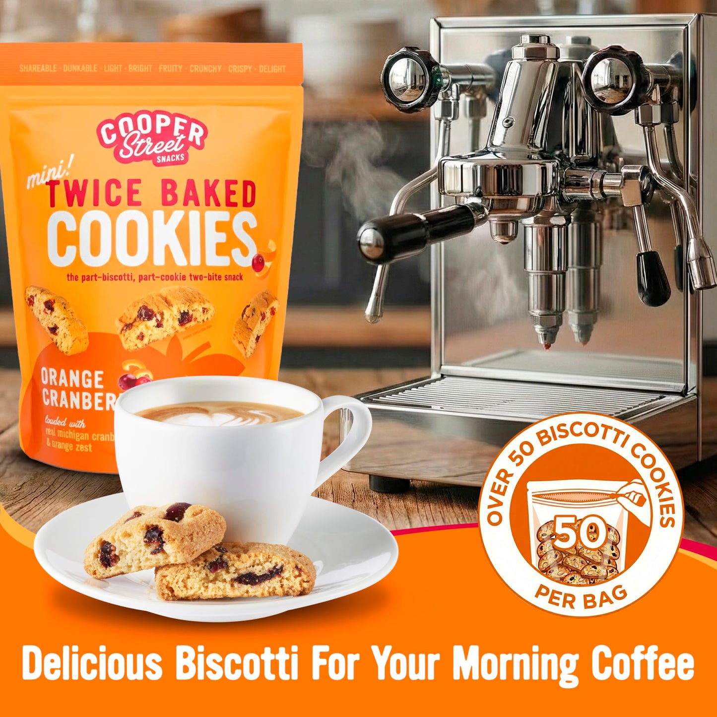 Cooper Street Twice-Baked Orange Cranberry Biscotti Cookies (16 oz) - Over 50 Biscotti per Bag Loaded with Real Fruit, Traditional Italian Snacks