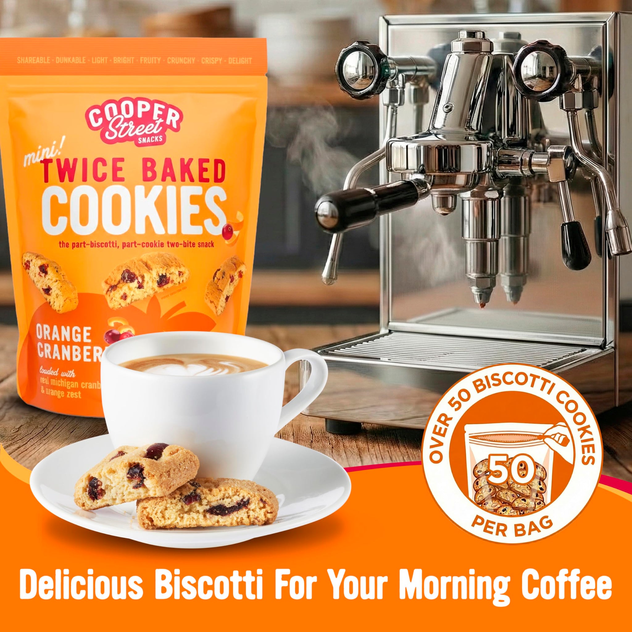 Cooper Street Twice-Baked Orange Cranberry Biscotti Cookies (16 oz) - Over 50 Biscotti per Bag Loaded with Real Fruit, Traditional Italian Snacks