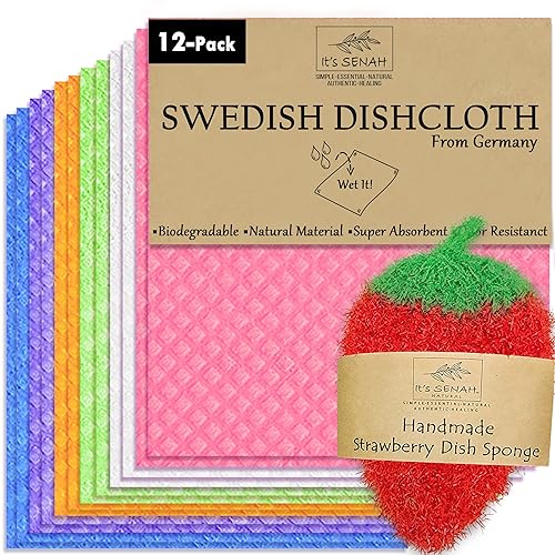 [12Pack+1Loofah Dish Sponge] 100% Natural Biodegradable Swedish Dishcloths for Kitchen | No-Discoloration, No-Odor, Super Absorbent Dish Sponge |
