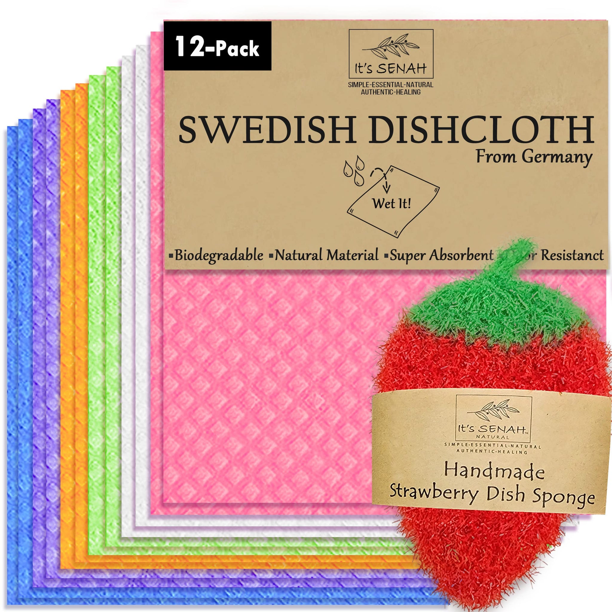 [12Pack+1Loofah Dish Sponge] 100% Natural Biodegradable Swedish Dishcloths for Kitchen | No-Discoloration, No-Odor, Super Absorbent Dish Sponge |