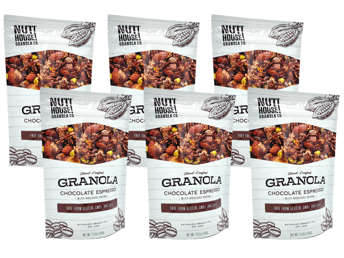 NutHouse! Granola Company - Premium Chocolate Espresso Granola | Certified Gluten-Free, Non-GMO, Kosher | Vegan | 11.5 oz. Bag (6-Pack)
