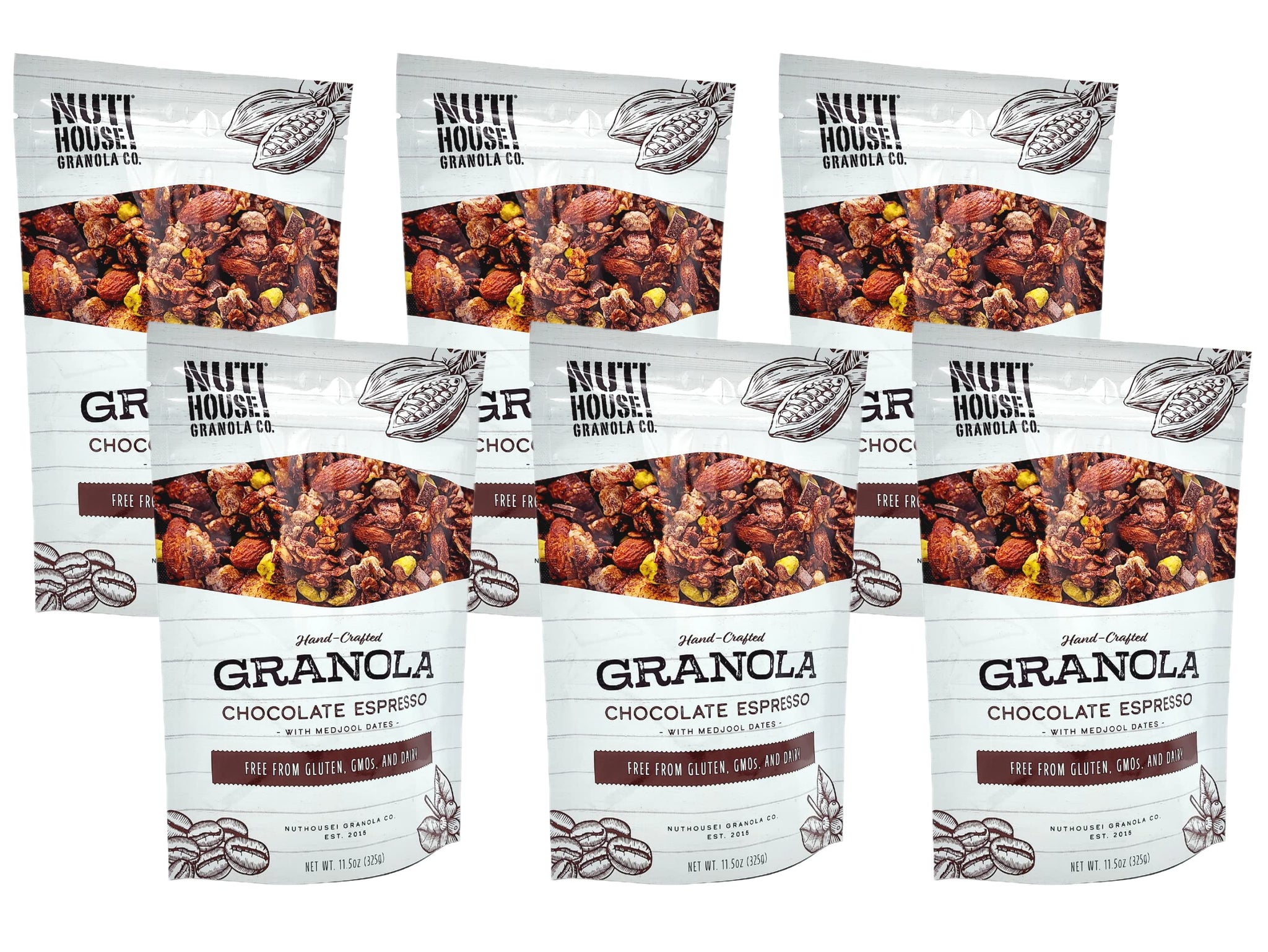 NutHouse! Granola Company - Premium Chocolate Espresso Granola | Certified Gluten-Free, Non-GMO, Kosher | Vegan | 11.5 oz. Bag (6-Pack)