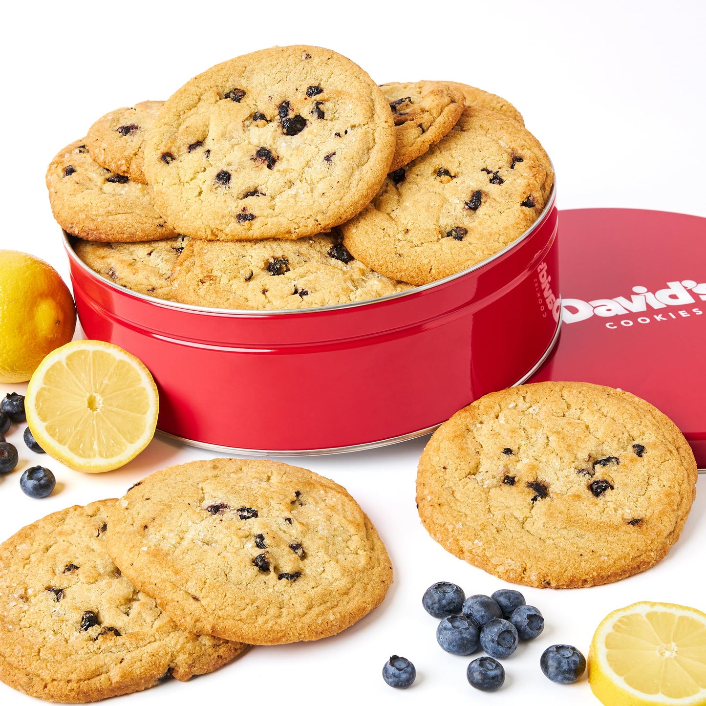 David's Cookies Fresh Baked Decadent Jumbo Lemon Blueberry Gourmet Cookies - 2lb Gift Basket Tin with 8 Large Lemon Blueberry Cookies - Bakery-Style