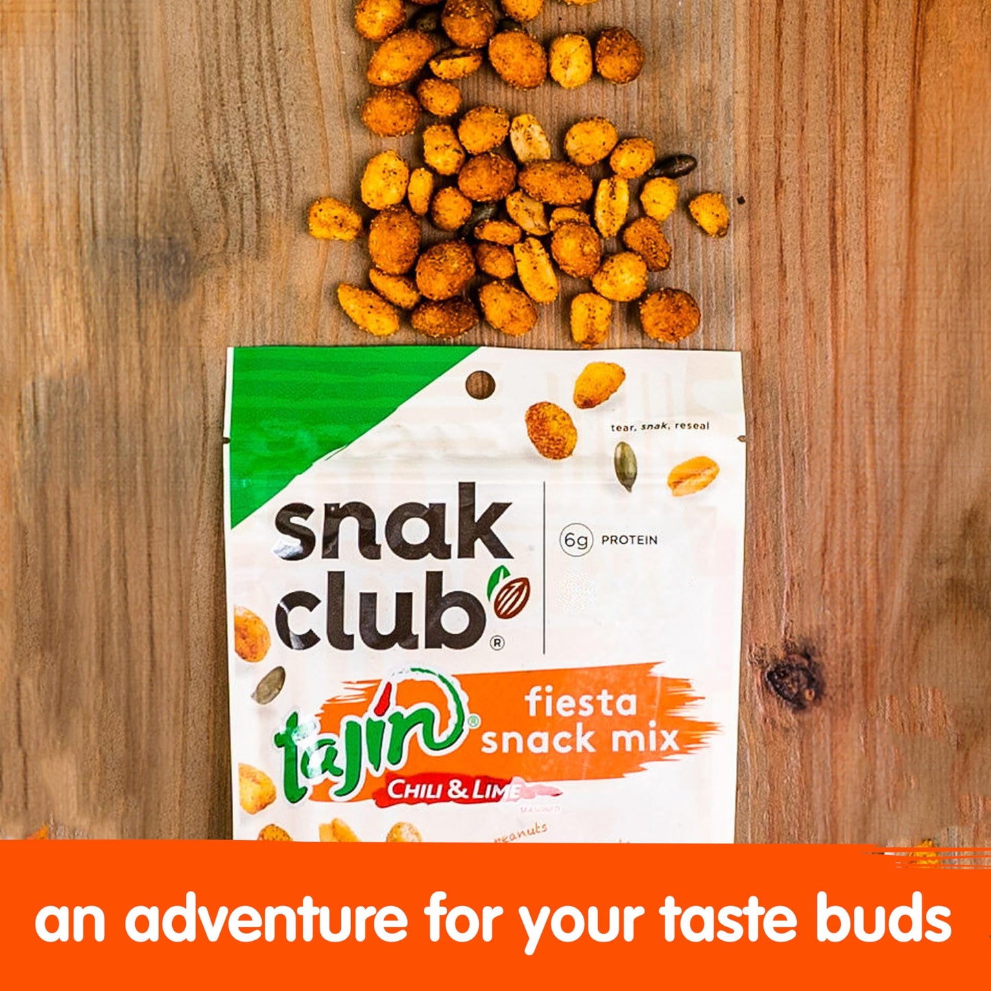 Snak Club Tajin Fiesta Snack Mix, Peanuts, Crunchy Peanuts, Toasted Corn, and Pepitas with Chili and Lime Seasoning, Mild, 4 oz Resealable Bags, 6