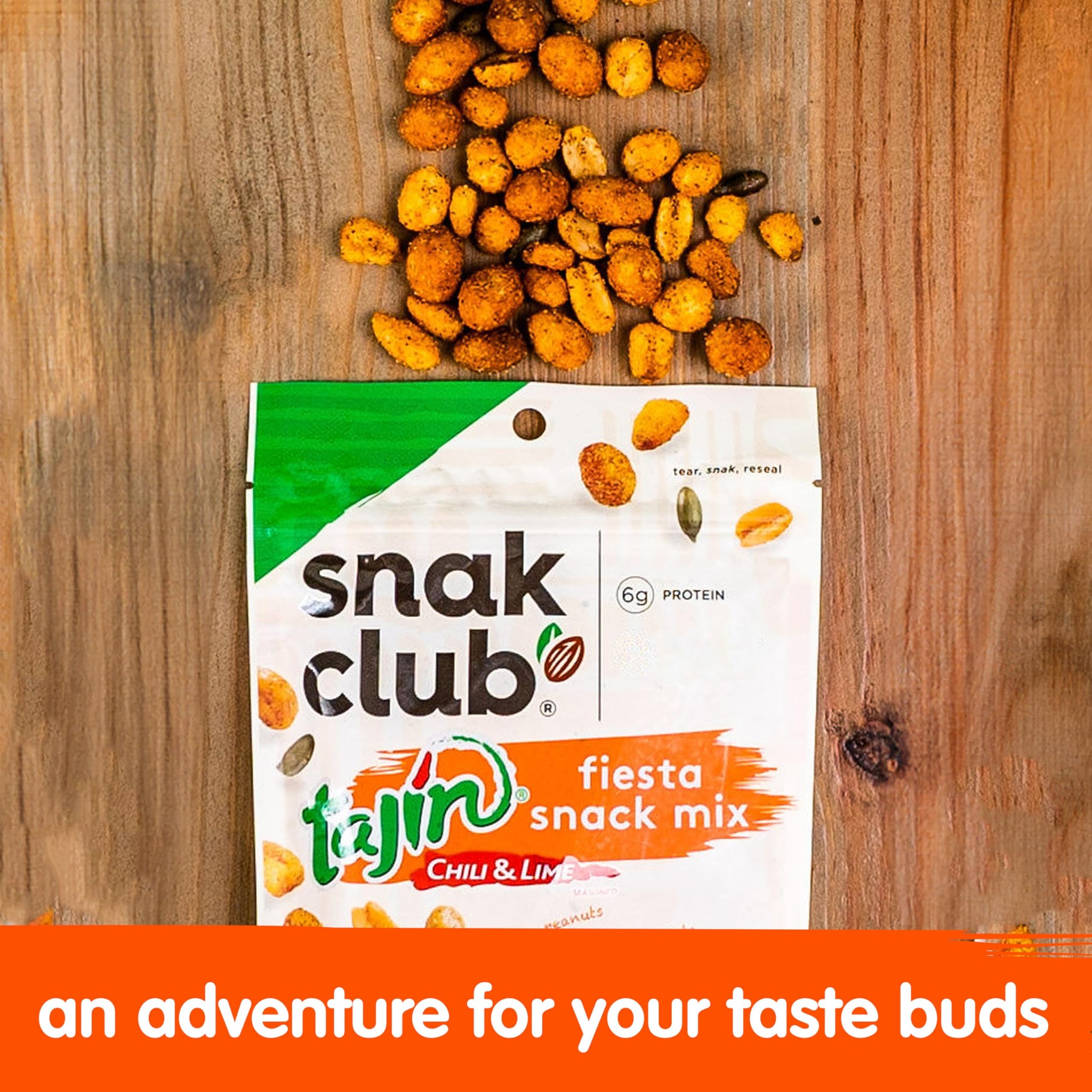Snak Club Tajin Fiesta Snack Mix, Peanuts, Crunchy Peanuts, Toasted Corn, and Pepitas with Chili and Lime Seasoning, Mild, 4 oz Resealable Bags, 6