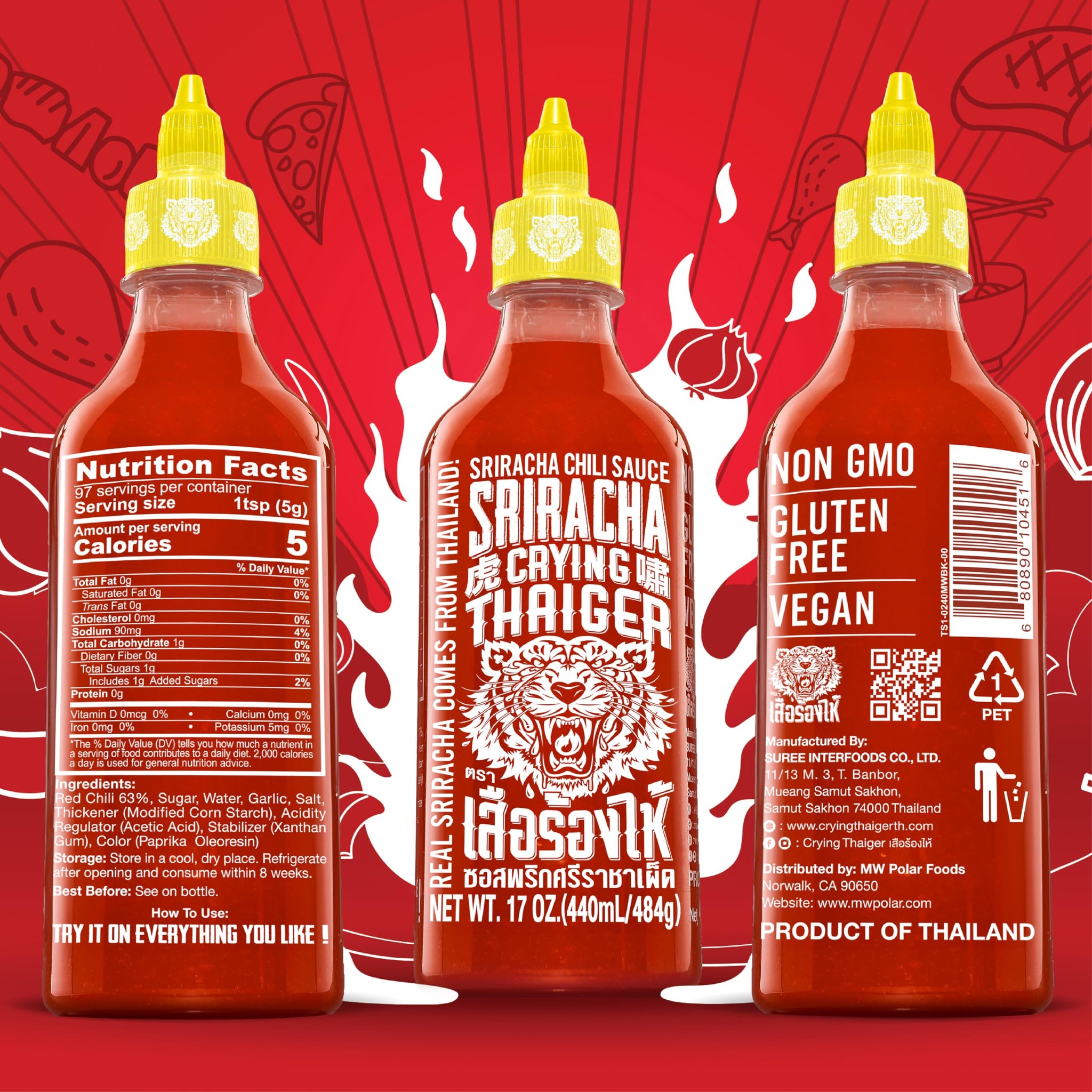 Crying Thaiger 17oz Sriracha Chili Sauce - Classic Thai Hot Sauce, Vegan, Gluten-Free, Non-GMO - Made in Thailand (Pack of 1)