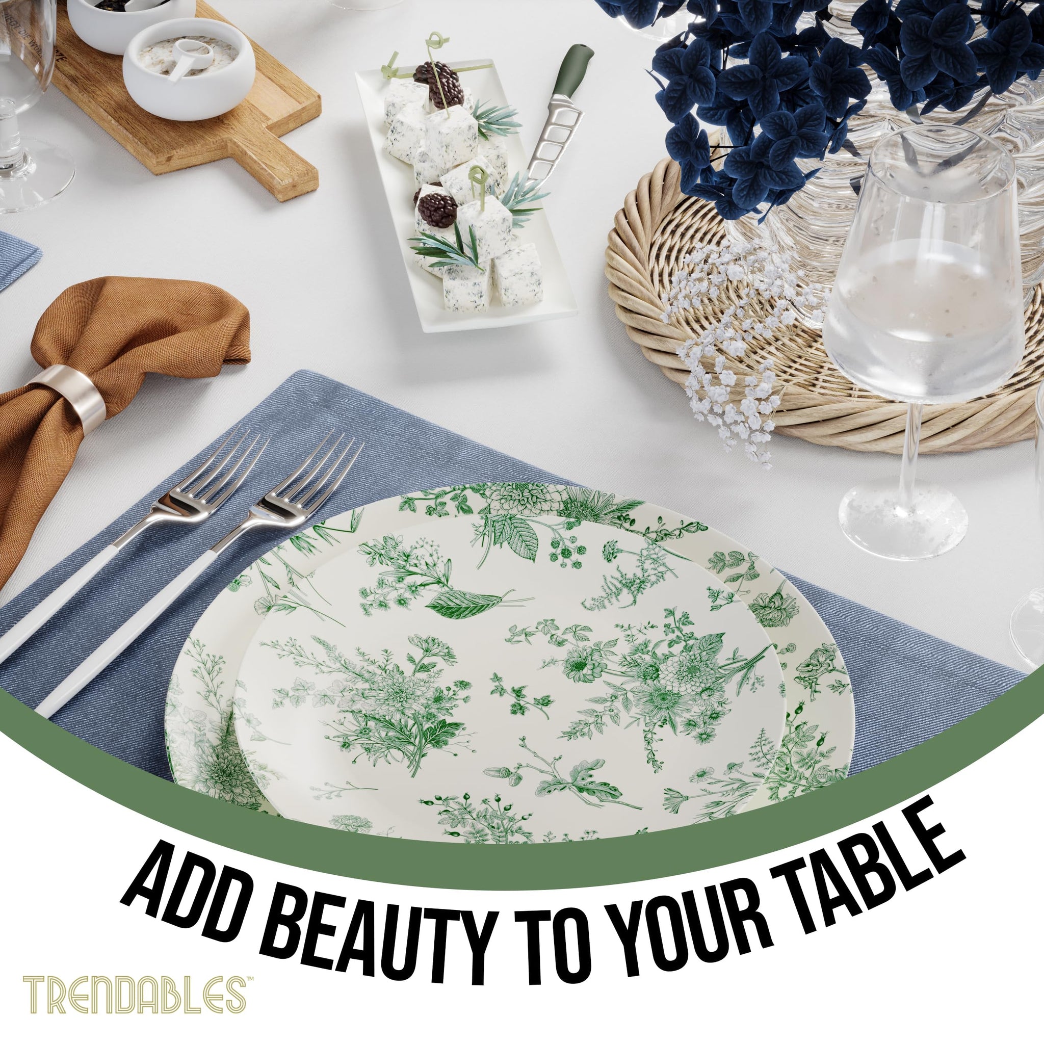 Trendables 80 Piece Plastic Disposable Plates Set For 40 Guests I 40 X 8 Inch Dessert Plates & 40 X 10 Inch Wedding Party Plates | Ivory & Green