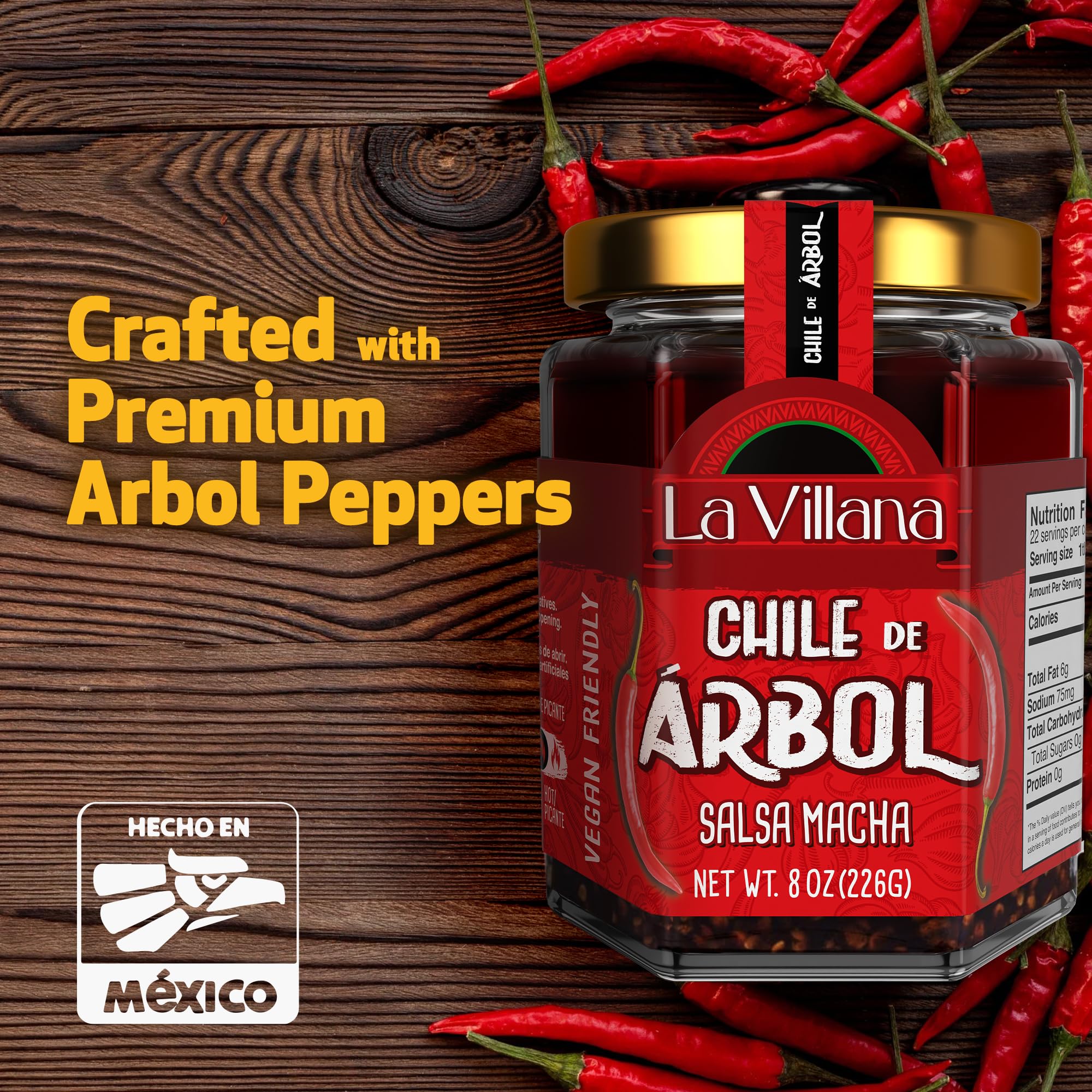 La Villana Premium Mexican Arbol Chili Hot Sauce - Enhances Meat, Vegetables, Salads, Rice & More - 100% Natural Ingredients, No Chemicals, Colors
