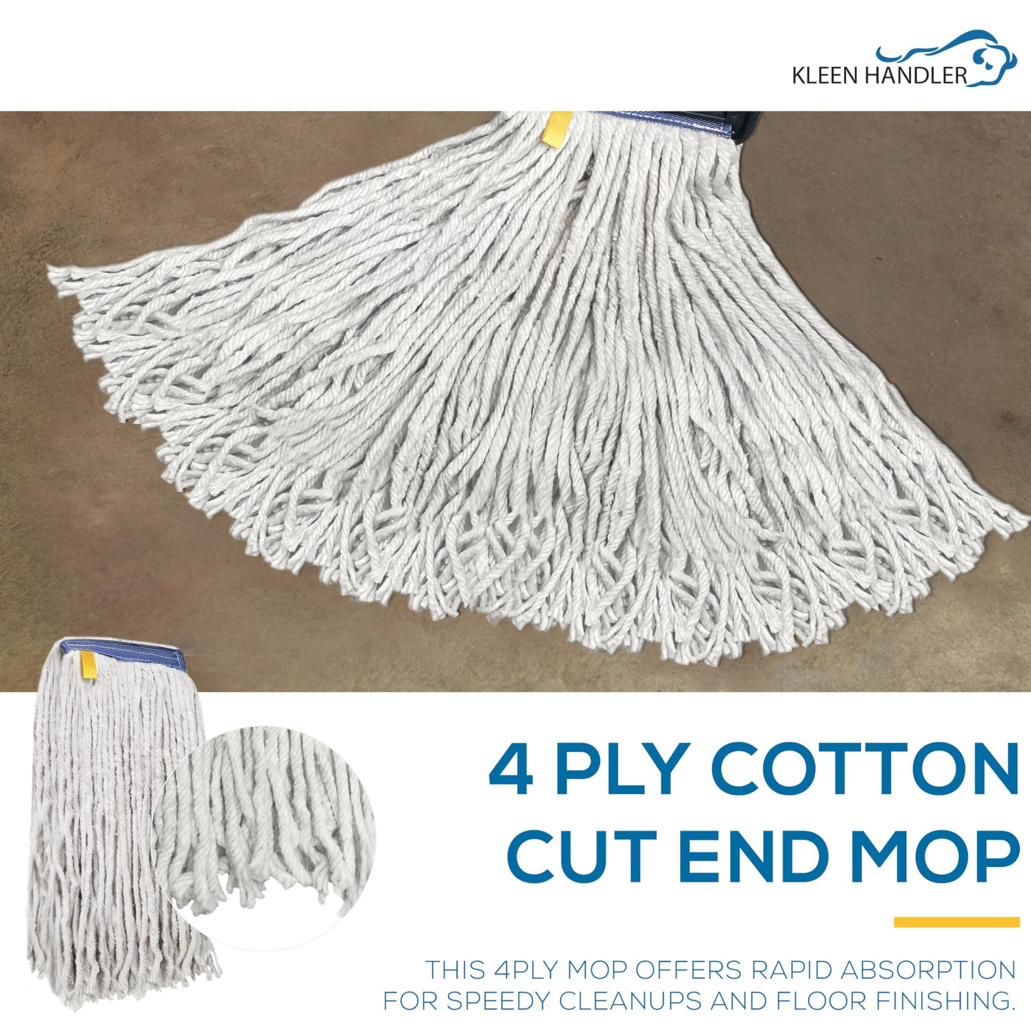 Pack of 3 Cut End Cotton Mop Head Replacement, 1.25-inch Universal Headband, Wet Mop Refills, Natural, 16 Oz